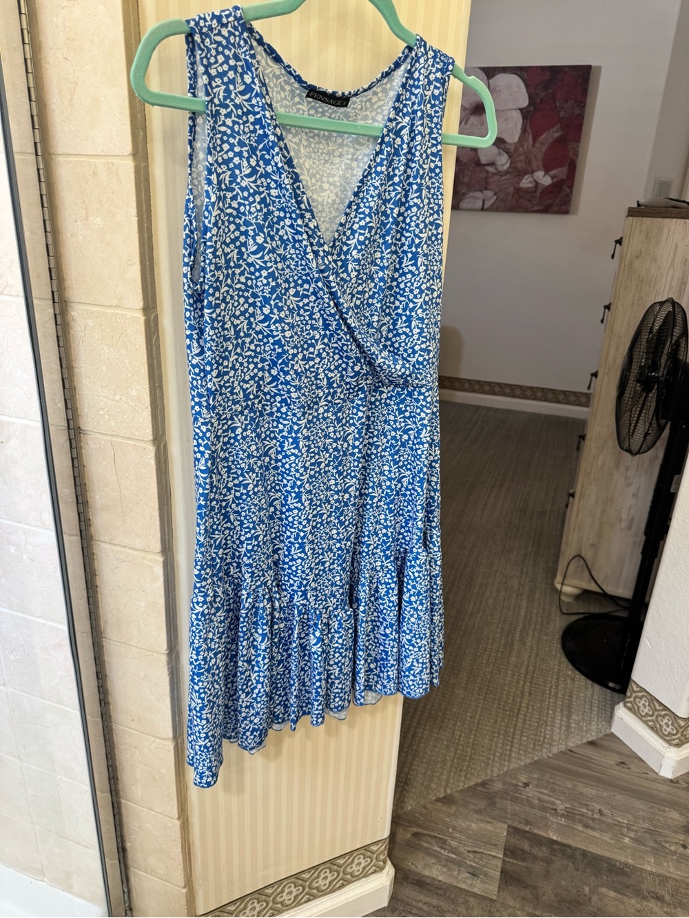 Blue Floral Wrap Midi Dress with Ruffled Hem